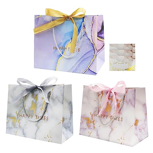 Sacos de presente, sacos de papel com asas, 3 sacos de presente de aniversário médio com cartão de felicitações, sacos de presente para casamento, comemoração, festa, Natal, mármore branco rosa