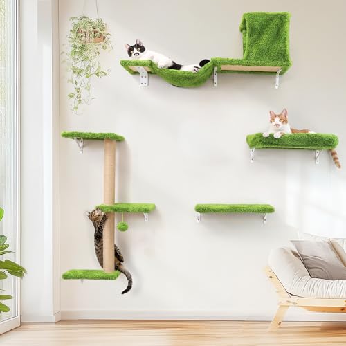 FUKUMARU Conjunto de parede de escalada para gatos, 4 peças - prateleiras de parede, feitas de placas multicamadas fortes, ponte para gatos, árvore para gatos, escadas para gatos até 18 kg, verde