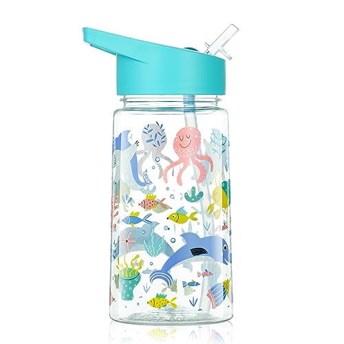 flintronic Garrafa de água para crianças e meninas, garrafas de água para crianças, garrafa de água para crianças, sem BPA, sem fugas, reutilizável, 450 ml - tubarão azul