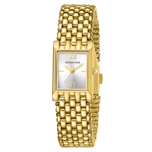 GOLDEN HOUR Relógio feminino analógico de quartzo vintage, pequeno, resistente à água, casual, retangular, dourado, com pulseira de aço inoxidável, para meninas
