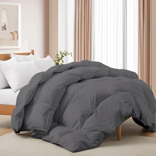 Deodar Edredão de penas cama 80/90 todas as estações 1 pessoa, enchimento de penas e penas de ganso 420 GR/m², capa nórdica 100% algodão, lavar, Öko-Tex e RDS (cinzento escuro, 135 x 200 M