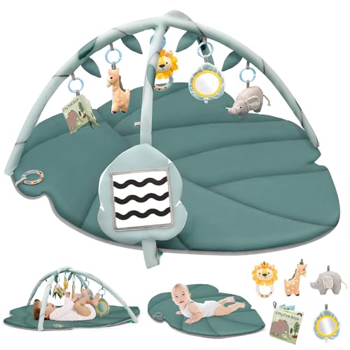 Vanplay Tapete de conjunto para bebés com 6 brinquedos, tapete de gatinhar com arco de jogo e brinquedos sensoriais, tapete de jogo com livro bebé alto contraste