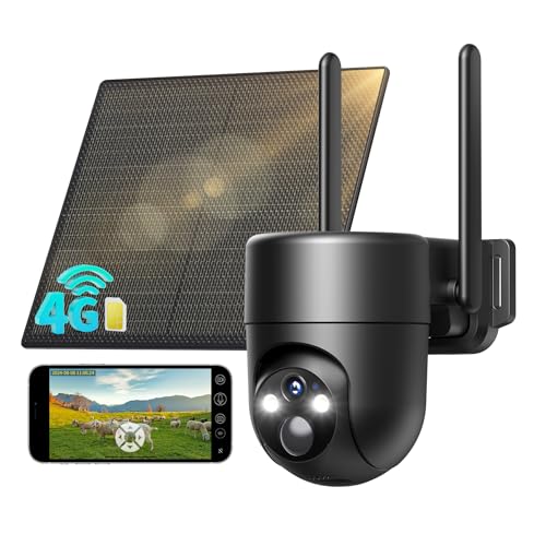 SEHMUA 4G LTE Câmara de vigilância exterior com painel solar, PTZ 355°/90°, 2K câmara com cartão SIM, deteção humana PIR, visão noturna, IP66 impermeável, áudio bidirecional