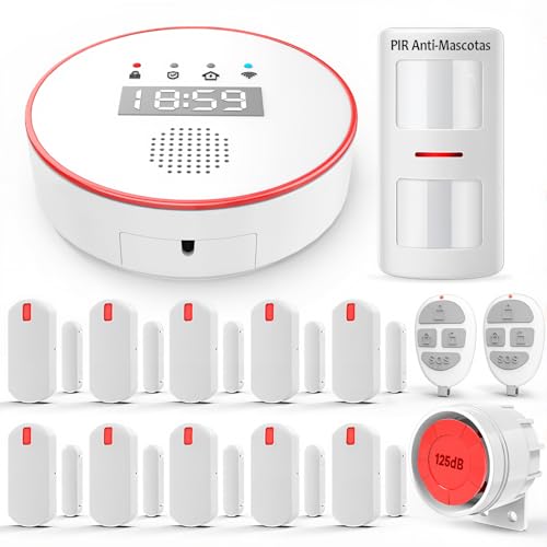 YISEELE Kit alarme casa 5 GHz Wi-Fi: Com relógio e App grátis - Completo 1 sereia 120 dB - 1 PIR anti-animais de estimação - 10 sensores porta / janela - 2 comandos - 1 central - compatível com Alexa