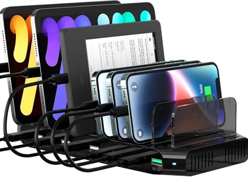 SUIDEK Estação de carregamento multiUSB para vários dispositivos, 60 W, 10 portas, estação de carregamento múltiplo com porta QC3.0 e divisores ajustáveis compatíveis com tablets, telefones