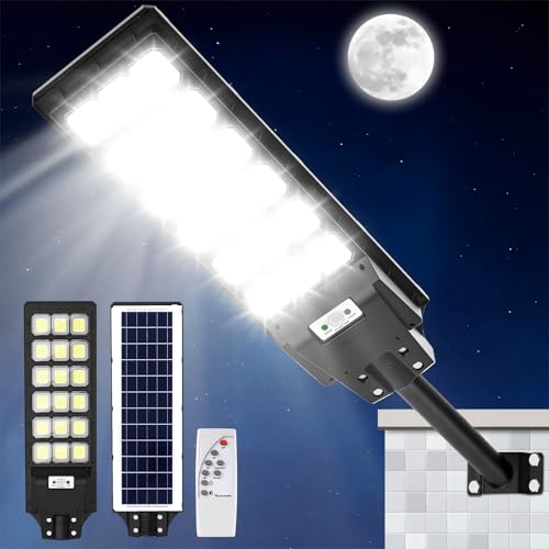 Viugreum Lâmpadas solares para exterior, 600 W, luz solar potente com controlo remoto, IP65, luz solar exterior, 576 LED 6500 K holofote solar exterior sensor de movimento, luz de segurança, jardim