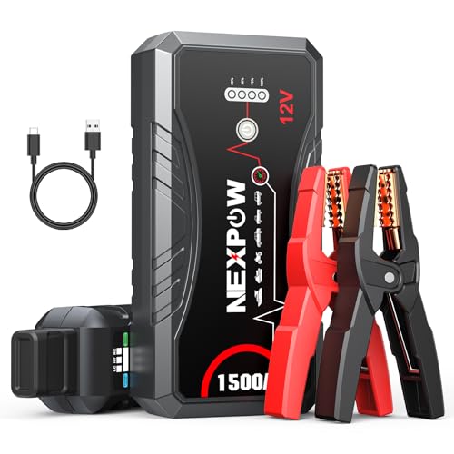 NEXPOW Iniciador de carros, 1500 A iniciador de baterias de carro 12 V (para 7,0 L de gasolina ou 5,5 L de gasolina), carregamento rápido QC3.0, pinças inteligentes e lanterna LED, garantia de 2 anos
