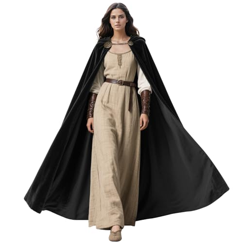 keland Capa medieval com capuz túnica mulheres homens para cosplay de Halloween com broches Viking (preto)