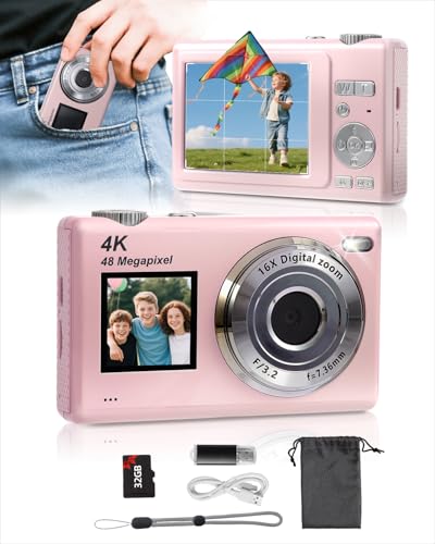 ARNSSIEN Câmara digital com ecrã duplo, autofoco 4K 48MP para Vlog, inclui cartão de 32 GB, câmaras compactas, zoom 16X, antivibrações, presente ideal para crianças/adolescentes/principiantes, Y5