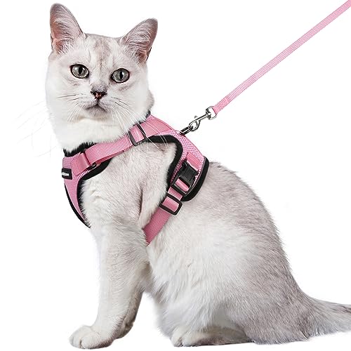 rabbitgoo Arnês para gatos anti-fuga com correia de 150 cm, arnês de gato ajustável refletor, colete de tecido de malha macio e respirável, arnês de gato grande para caminhar, treino, M, rosa