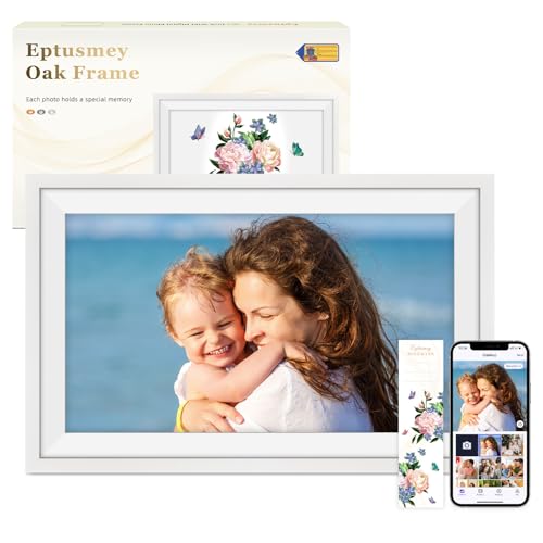 Eptusmey Grande moldura para fotos digital Wi-Fi de 15,6 polegadas branco madeira de carvalho 32 GB HD 1280 x 800 IPS, compartilhe fotos vídeos ao instantâneo através da App Uhale, presentes para