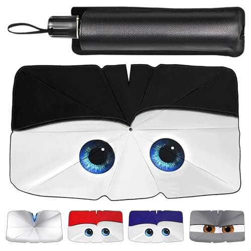 Guarda-sol carro dianteiro dobrável com ranhura para espelho retrovisor de 125 x 65 cm, guarda-sol carro guarda-chuva com design adorável de olhos, vem com saco de armazenamento, preto