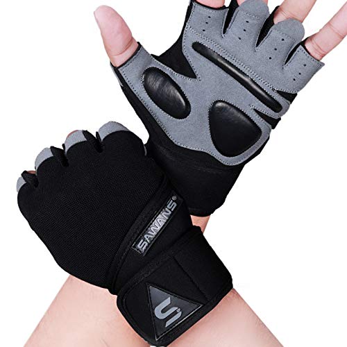 SAWANS Luvas de ginásio para treino de levantamento de pesos para homens e mulheres, suporte de pulso acolchoados, aderência extra, proteção de palma