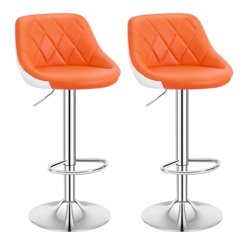 WOLTU Bancos de cozinha, conjunto de 2 tamboretes altos bar, cadeira giratória PU com apoios para os pés, banco com encosto e base redonda de metal, laranja, BH30or-2