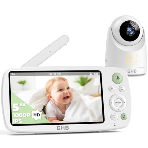 GHB Câmara de vigilância para bebés com câmara com ecrã IPS 5" 1080P bateria de 4000 mAh duração 7 x 24 horas visão noturna comunicação bi-direcional escuta bebés suporta até 4 câmaras