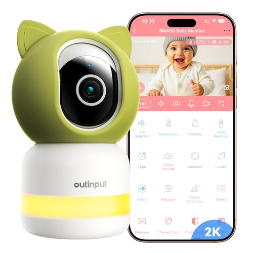 Outinput 2 K 4 MP Câmara de vigilância para bebé Wi-Fi interior, 355 ° monitor para bebé, APP remoto, rastreamento de detecção automática, áudio de 2 vias, visão noturna, alertas de feed, 6 músicas de