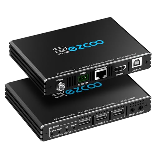 ROFAVEZCO Extensor KVM HDMI 4K USB sem compactar 4K 60Hz HDR individual sobre Cat5e/6 até 300 pés, 3 portas USB 2.0 Hub POE+RS232+EDID áudio estéreo de 3,5 mm e microfone, EX70H2KVM