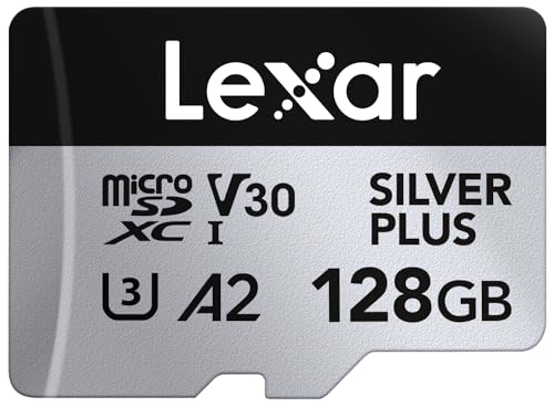 Lexar Micro SD 128 GB Silver Plus, cartão de memória micro SD com adaptador, cartão Microsdxc TF até 205 MB/s, A2, U3, classe 10, V30, Full HD e 4K UHD para câmara, telefone, consola de vídeo
