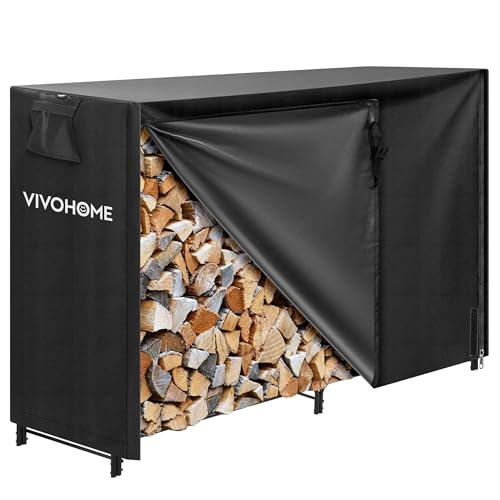 VIVOHOME Prateleira de armazenamento de lenha com cobertura impermeável e fecho de correr, 153 × 35 × 123 cm, suporte de lenha metálica para interior e exterior, organizador de troncos para chaminés e