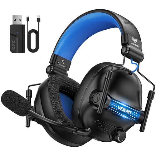 WESEARY Capacetes de jogos sem fios, auriculares Gaming sem fios de 2,4 G para PC, PS4, P5, Switch, telemóvel, som estéreo Pro, auriculares com microfone, PS5 capacetes com luz RGB, duração 50 HR +