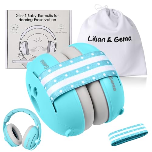 Lilian&Gema 2 em 1 capacetes para bebés antirruído, protetores auditivos para bebés, faixa de cabeça ajustável, antiderrapante e sem pressão. Proteção auditiva ideal para bebés até 48 meses, azul