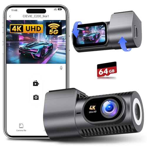 CIEVIE 4K Dashcam, Dash CAM carro ecrã 1,5", WiFi 5G e cartão 64G e suporte 360°, mini câmara gravador de carro, monitor de estacionamento, super visão, WDR, sensor G, gravação em lop, grande 177 0°