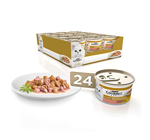 GOURMET Gold petiscos em molho, comida húmida para gato adulto, pintos de frango e salmão em molho, conjunto de 24 latas de 85 g