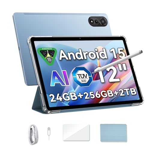 Blackview Mega 2 Android 15 Tablet de 12 polegadas FHD+ 2K, duplo 4G LTE & 5G WiFi, 24 GB RAM + 256 GB ROM/2TB TF Cameras Dual AI 9000 mAh Widevine L1/Face ID/GPS/WPS/PC Mode com P/PC protetor & Lápis