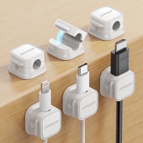 JOYROOM 6 peças clipe de cabo ajustável organizador cabos magnético cabo Management para secretária, mesas de cabeceira, cabos de carregamento, HDMI, USB, cabo de áudio, branco