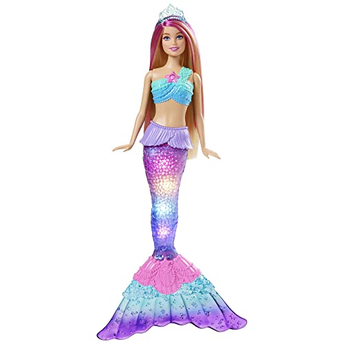 Barbie Dreamtopia Malibu sereia luzes mágicas coloridas boneca loira, brinquedo para a água (Mattel HDJ36)