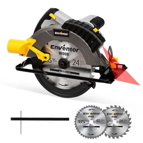Enventor 1650 W Serra circular com guia a laser, serra circular manual 5500 RPM, profundidade de corte 62 mm (90 °), 46 mm (45 °), 2 lâminas de serra (185 mm, 24 T + 40T), ideal para cortar madeira
