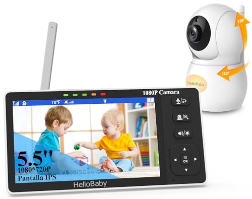 HelloBaby Câmara de vigilância para bebé, monitor de bebé com câmara 1080P, IPS 5,5'' bateria de 4000 mAh, monitorização da temperatura de visão noturna 2 Way Talkback System, vídeo vigilância sem