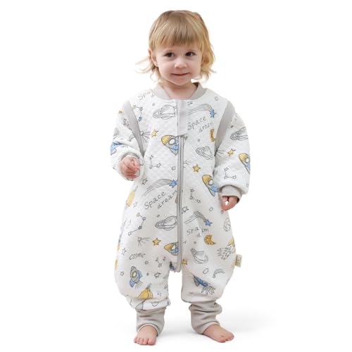 MIKAFEN Saco de dormir para bebé com pés, 2,0 TOG, 100% algodão, saco de dormir para crianças durante todo o ano, com mangas removíveis, saco de dormir com cachos, nave espacial 18-36 meses