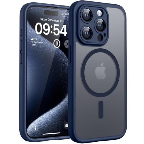 TOCOL Capa para iPhone 15 Pro, capa magnética para iPhone 15 Pro de 6,1 polegadas [proteção lente câmera] [proteção militar] translúcida mate traseira, azul-marinho