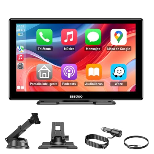 ESSGOO A-pple CarPlay e Android Auto IPS de 9 polegadas, Mirror Link, compatível com chamadas mãos livres, assistentes de voz Siri e G-oogle, compatível com vários modelos de automóveis