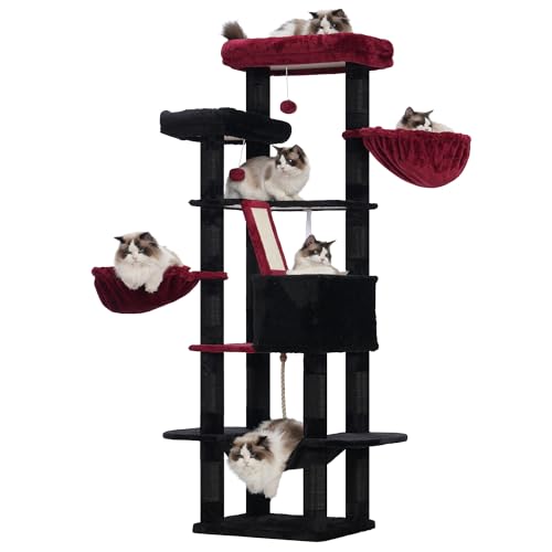 Heybly Raspador para gatos, árvore gótica para gatos, altura 173 cm, torre de gatos, com 17 postes de arranhões, 2 plataformas, 2 cesta, 1 gruta, 1 rede, 2 pompões, tecido de pelúcia, preto vermelho