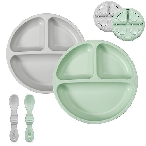 PandaEar Conjunto de alimentação para bebés de silicone | 2 pratos divididos com ventosa de silicone e 2 colheres | utensílios de auto-alimentação para o desmame do bebé (verde/cinzento)