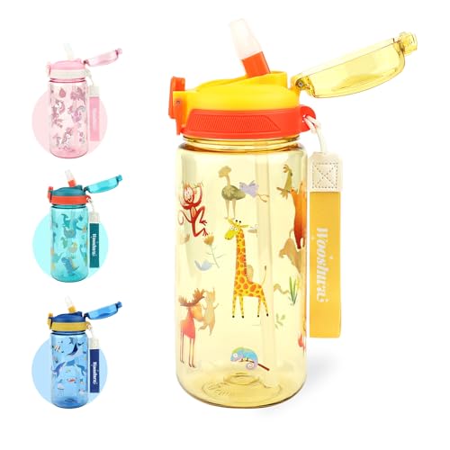 wooshwa Garrafa para beber campus pop-up, garrafa de água desportiva de 600 ml, com palhinha, sem BPA e adequada para máquina de lavar louça (animais amarelos)