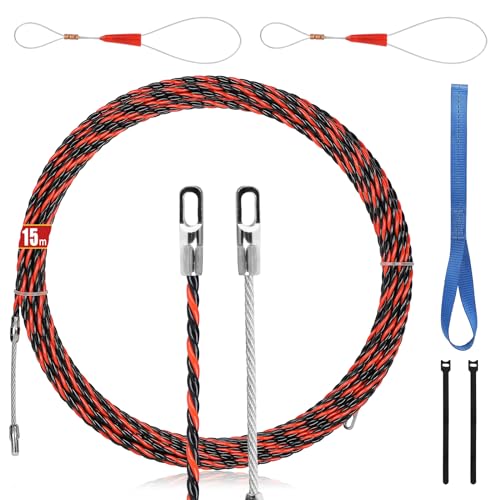 EFUTURETIME Guia de cabo-cabos de parede de 15 m, cabo Puller de 6 mm com 2 molas de guia, 3 fitas de amarra, fio elétrico para instalação e remoção de cabos