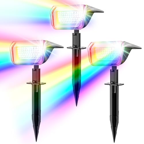 Linkind Luzes solares para exterior, jardim, RGB multicoloridos, 10 modos, holofotes solares com modo de inverno, 800 LM, impermeável IP67 candeeiros solares para jardim, pátio, calçado, piscina, 3