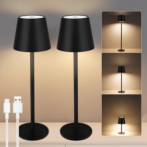 VARICART 2 candeeiros LED de mesa com bateria, USB-C sem fios candeeiros de mesa com 3 temperaturas de cor ajuste tátil, 5000 mAh, IP54 impermeável, adequado para interior, exterior, preto