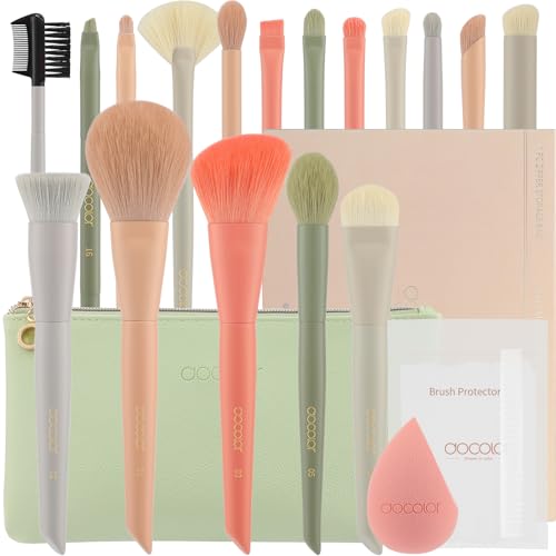 Docolor Conjunto de pincéis de maquilhagem profissional de 17 peças, kit completo cor morandi com saco de viagem, esponja e guia de uso, pincéis de maquilhagem premium synthetic para rosto e olhos