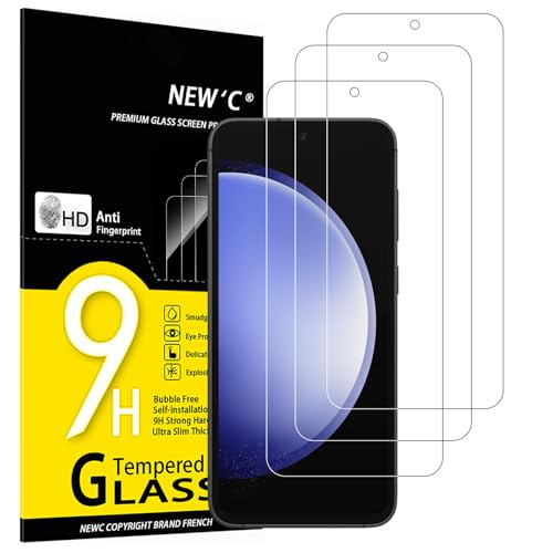 NEW'C 3 peças, protetor de ecrã para Samsung Galaxy S23 FE 5G, vidro temperado anti-riscos, anti-impressões digitais, sem bolhas, dureza 9H, 0,33 mm ultra transparente, ultra resistente