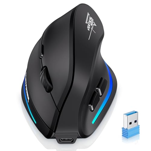ECHTPower Rato vertical ergonómico sem fios 2,4 G, 4800 dpi ajustável, clique silencioso, carregamento USB-C, design anti-fadiga, para PC, Laptop, MacBook, alivia a dor do pulso e do braço