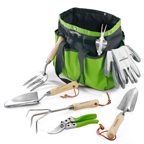 WORKPRO Conjunto de ferramentas para jardim, 8 peças, conjunto de ferramentas de jardinagem de aço inoxidável, com cabo de madeira, saco de jardim
