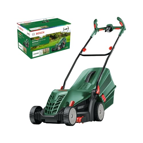Bosch corta-relvas com cabo UniversalRotak 34-405 (potência do motor de 1300 W, largura de corte: 34 cm, cesta coletora de 40 litros, adequado para cortar a relva de forma homogénea e cortar bordas)