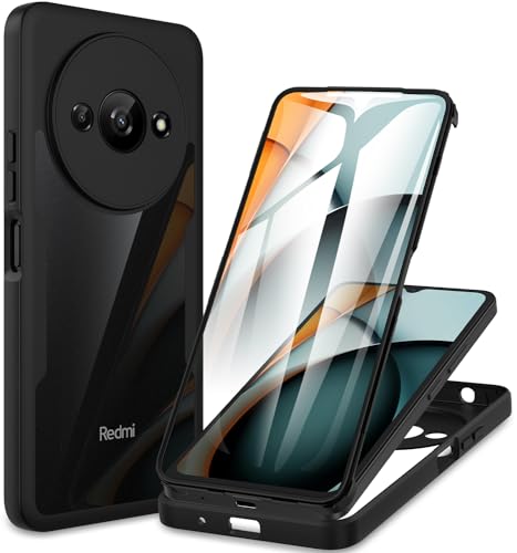 CENHUFO Capa Xiaomi Redmi A3, proteção de ecrã integrado, dupla face robusta Bumper Case transparente, anti-amarelo, capa completa, para Xiaomi Redmi A3 - preto