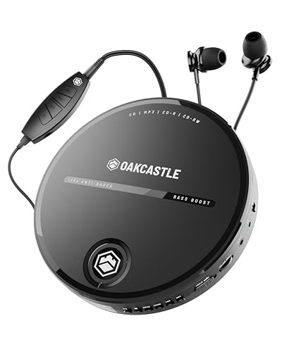OAKCASTLE CD10 Leitor de CD portátil | Discman CD portátil com bateria de 7 horas de vida útil | Discman auriculares com controlos de áudio, compatível com o carro, Diskman anti-choque