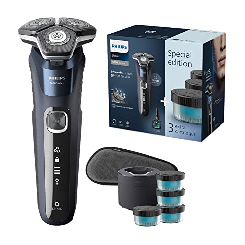 Philips Série 5000 máquina de barbear elétrica para homem, máquina de barbear com aparador, 45 lâminas, 60 min de uso, seco e húmido, recarregável, centro de limpeza, 4 cartuchos S5885/69, azul