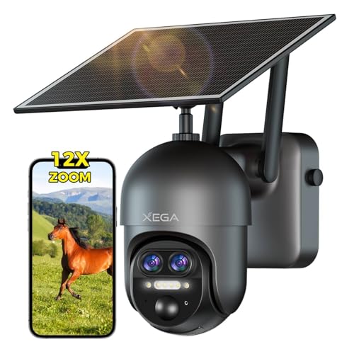 Xega 4G LTE: 12 X zoom híbrido: câmara de vigilância exterior com Sim, 2 K HD PTZ lente dupla câmara solar sem cabo com bateria de 10400 mAh, sem fios, visão noturna, deteção PIR/humana, TF & Cloud